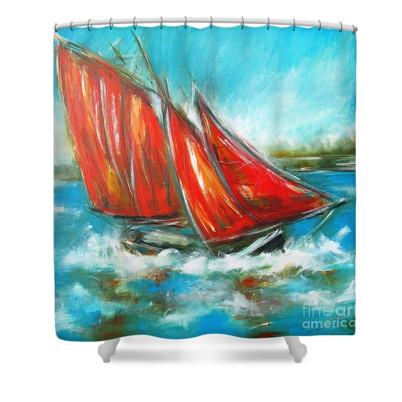 Galway Hooker Shower Curtain featuring the painting Paintings of Galway hooker on galway bay - see www.pxi-art.com by Mary Cahalan Lee - aka PIXI