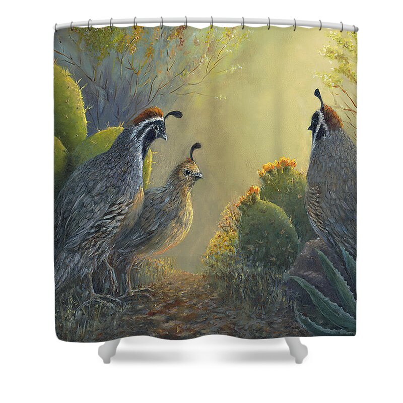 Quail Shower Curtain featuring the painting Gambel's Quail - Early Light by June Hunt