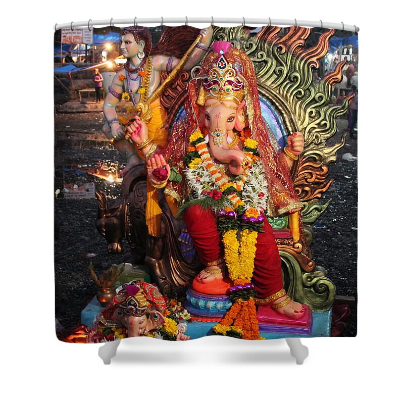 Ganesha Shower Curtain featuring the photograph Ganesha Arati on Ganesh Chaturthi, Ganeshpuri by Jennifer Mazzucco