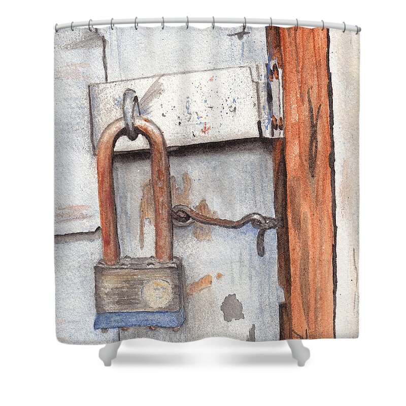 Lock Shower Curtain featuring the painting Garage Lock Number One by Ken Powers