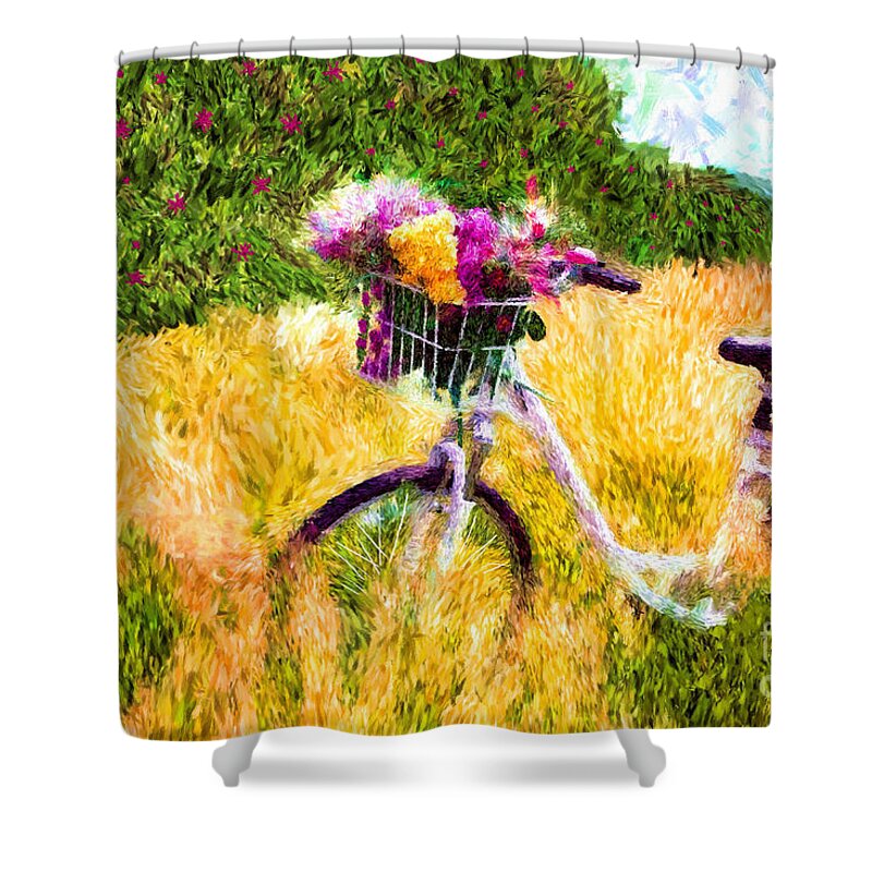 Bicycle Shower Curtain featuring the painting Garden Bicycle Print by Tina LeCour