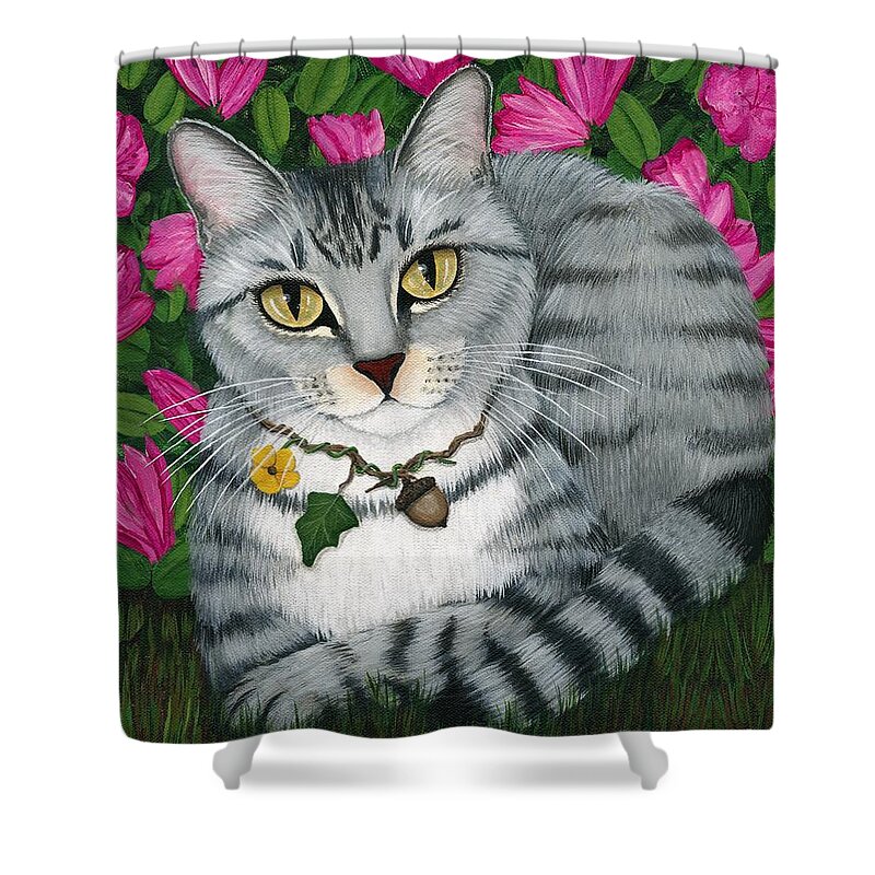 Silver Tabby Cat Shower Curtain featuring the painting Garden Cat - Silver Tabby Cat Azaleas by Carrie Hawks
