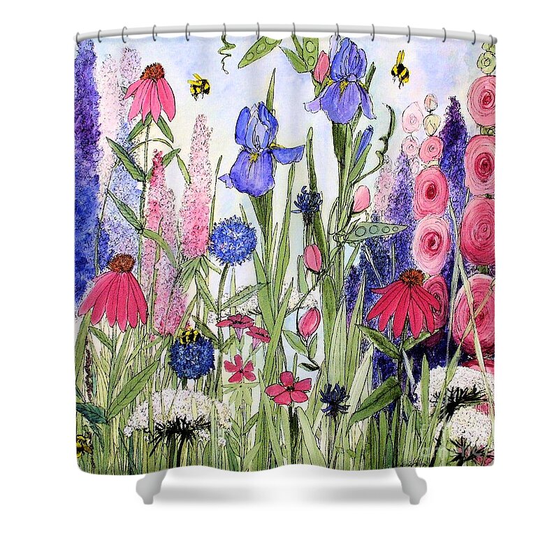 Garden Shower Curtain featuring the painting Garden Cottage Iris and Hollyhock by Laurie Rohner