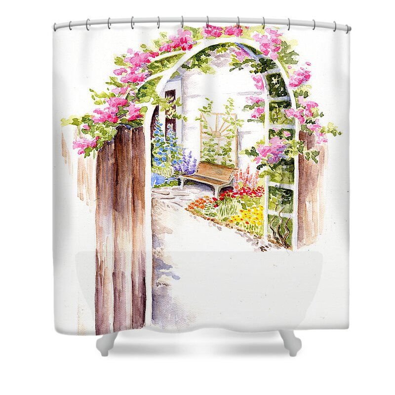 Garden Shower Curtain featuring the painting Garden Gate Botanical Landscape by Karla Beatty