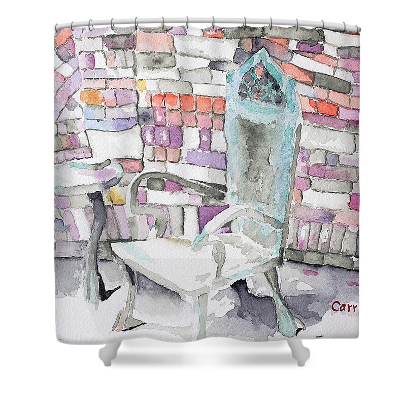 The Sunlight Of Laguna Beach Brings Out The Majestic Colors Surrounding The Garden Sculpture Of The Regal Chair And Book Stand. It's Message Clear  Take A Moment To Read And Reflect Shower Curtain featuring the painting Garden Sculpture in Laguna by Ruben Carrillo