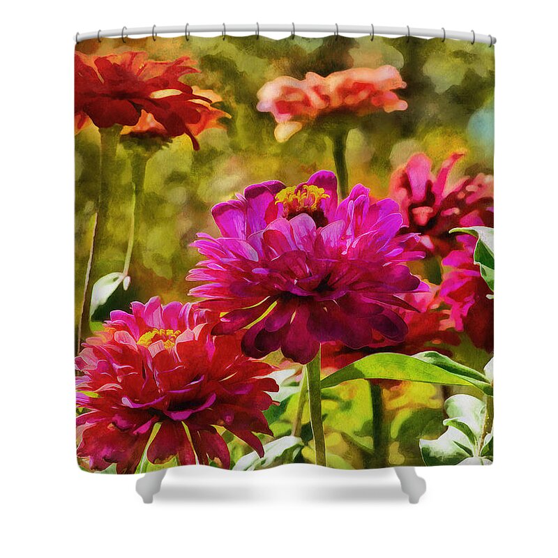Flowers Shower Curtain featuring the digital art Garden Zinnias by JGracey Stinson
