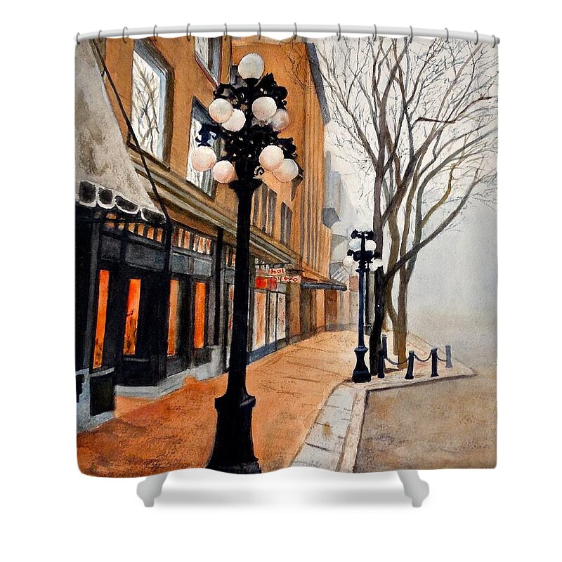 Street Scene Shower Curtain featuring the painting Gastown, Vancouver by Sher Nasser
