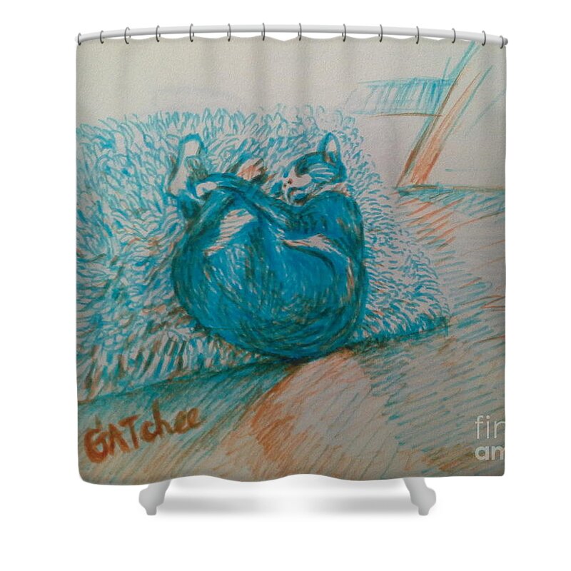 Cat Shower Curtain featuring the drawing Gatchee has her own dream by Sukalya Chearanantana