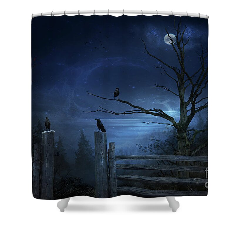 Crow Shower Curtain featuring the digital art Gate Keepers by Jim Hatch