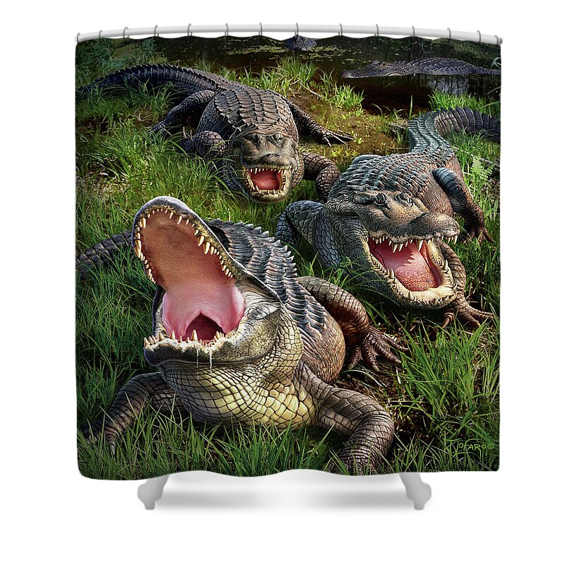 Alligator Shower Curtain featuring the digital art Gator Aid by Jerry LoFaro