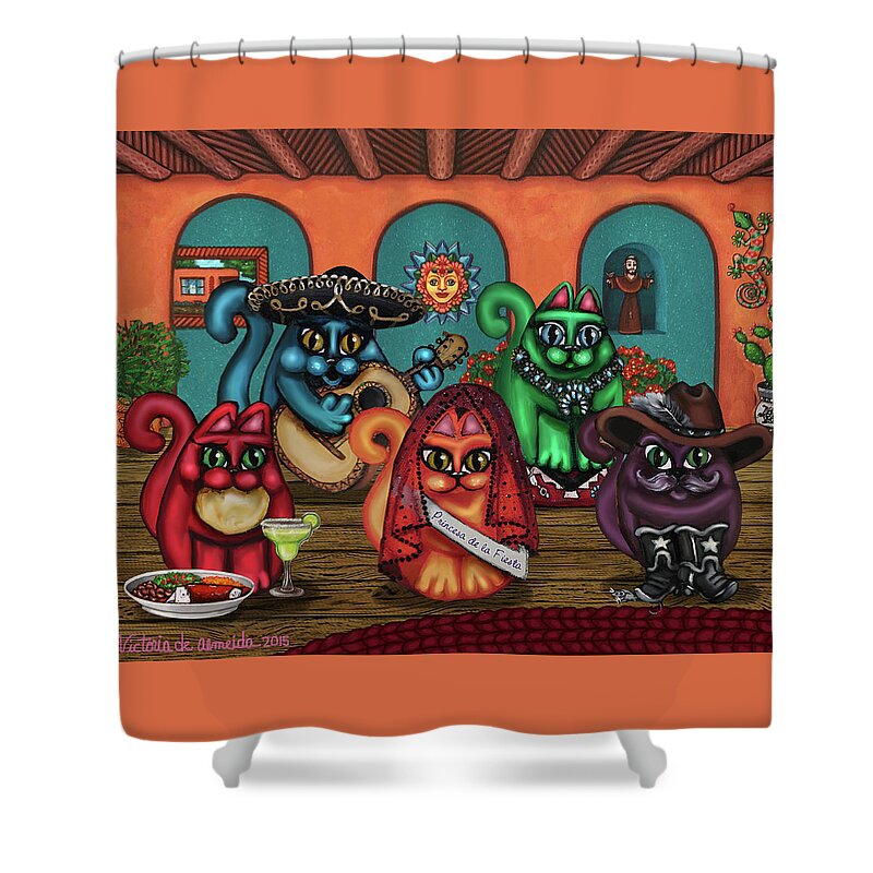 Hispanic Art Shower Curtain featuring the painting Gatos de Santa Fe by Victoria De Almeida