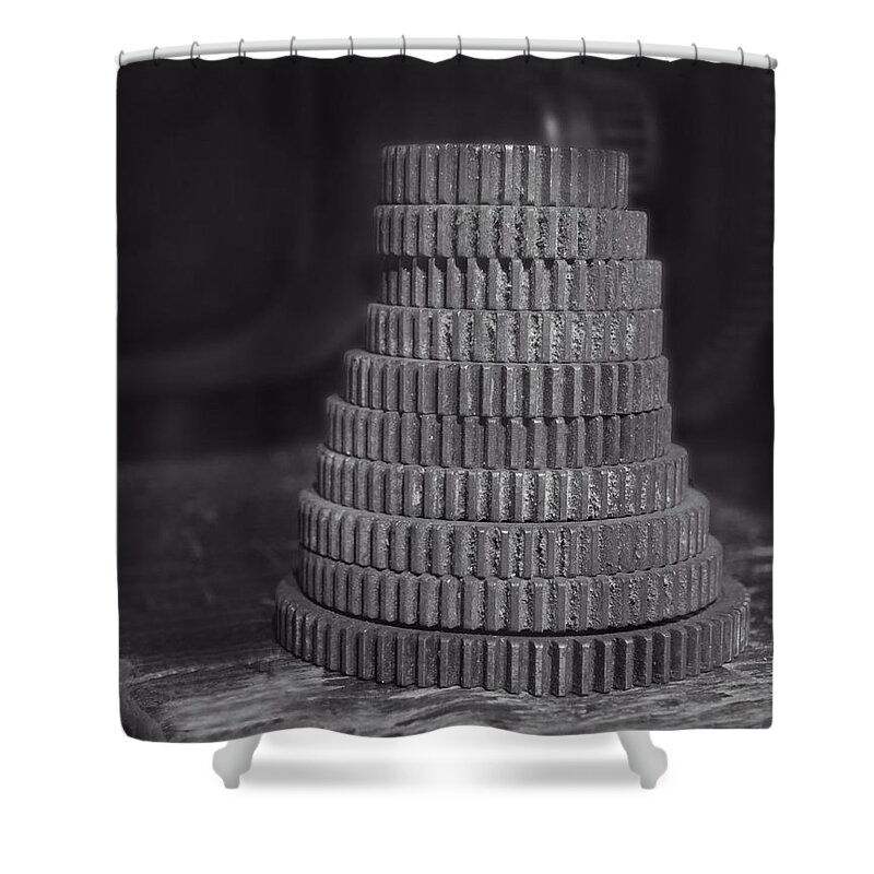 Gears Shower Curtain featuring the photograph Black and White Gears by Maggy Marsh