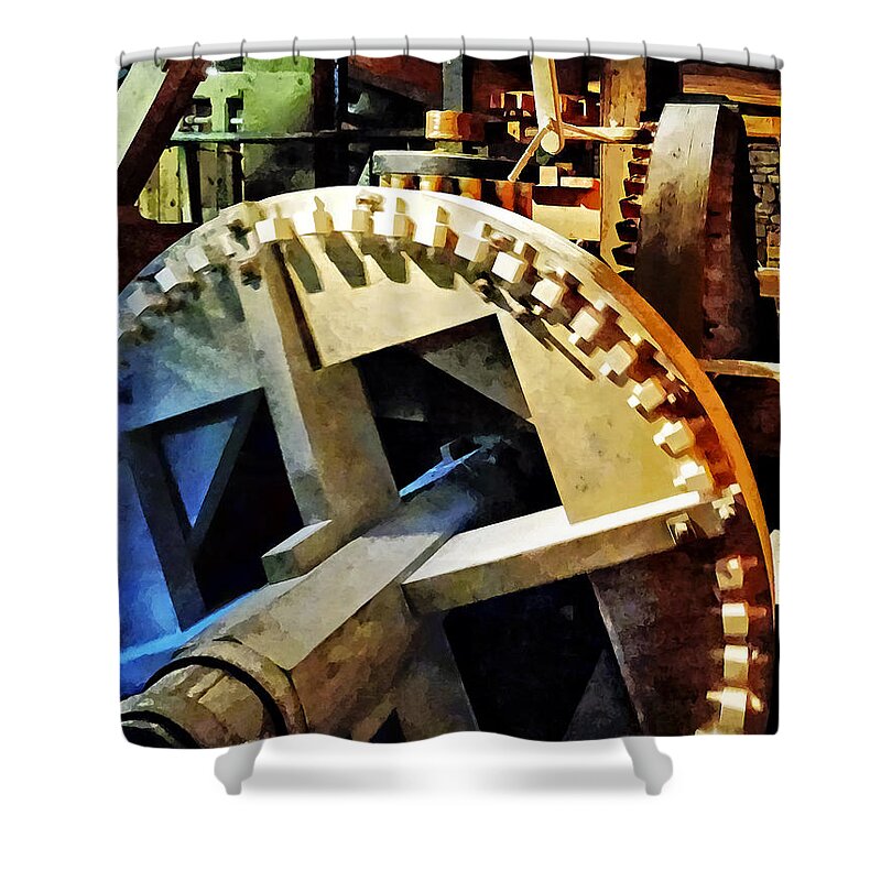 Grist Mill Shower Curtain featuring the photograph Gears in Grist Mill by Susan Savad