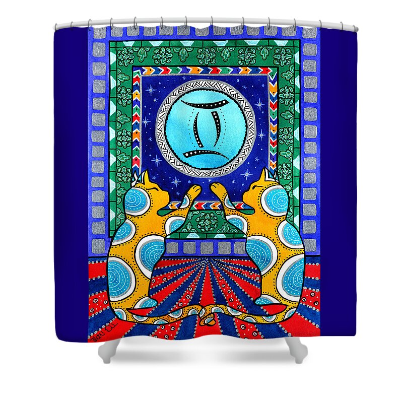 Cat Shower Curtain featuring the painting Gemini Cat Zodiac by Dora Hathazi Mendes