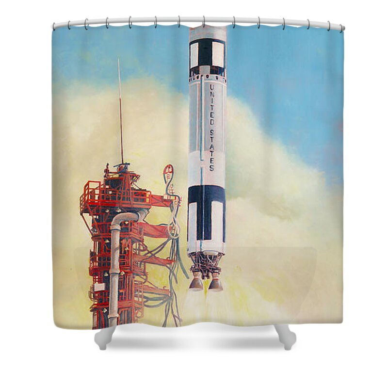 Aerospace Shower Curtain featuring the painting Gemini-Titan Launch by Douglas Castleman