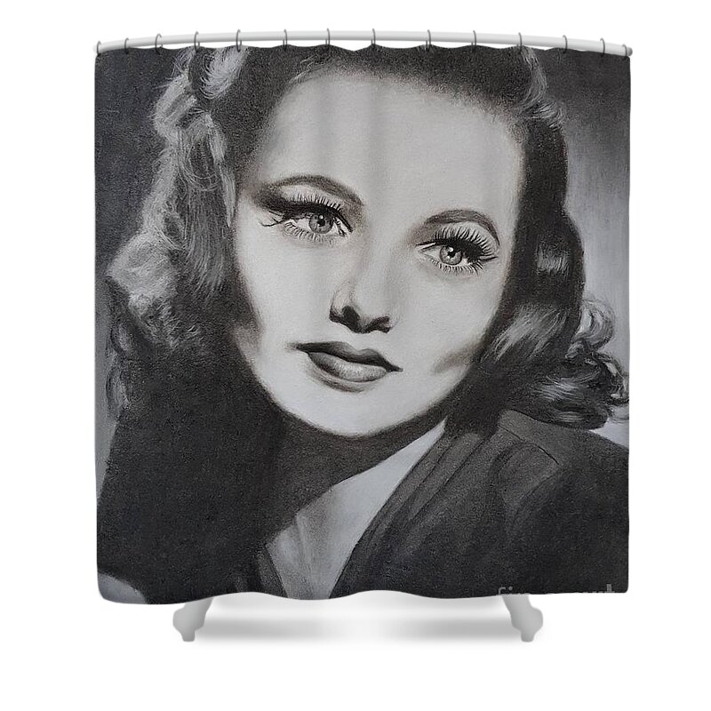 Gene Tierney Shower Curtain featuring the drawing Gene Tierney by Cassy Allsworth