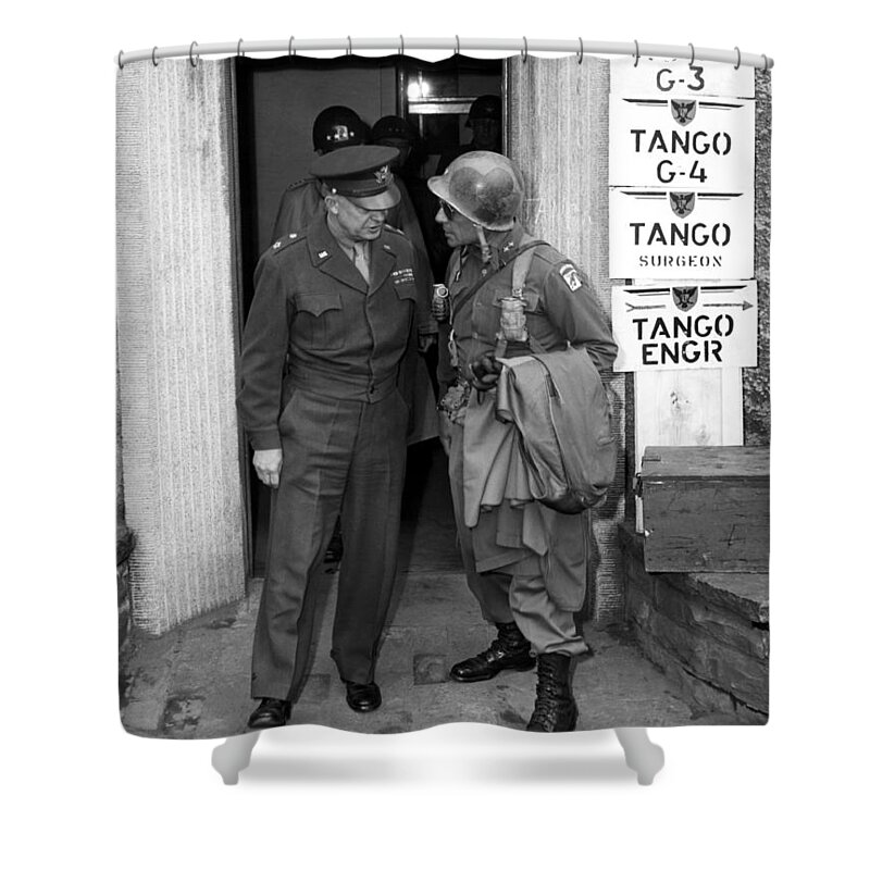 Matthew Ridgway Shower Curtain featuring the photograph General Eisenhower and General Ridgway by War Is Hell Store