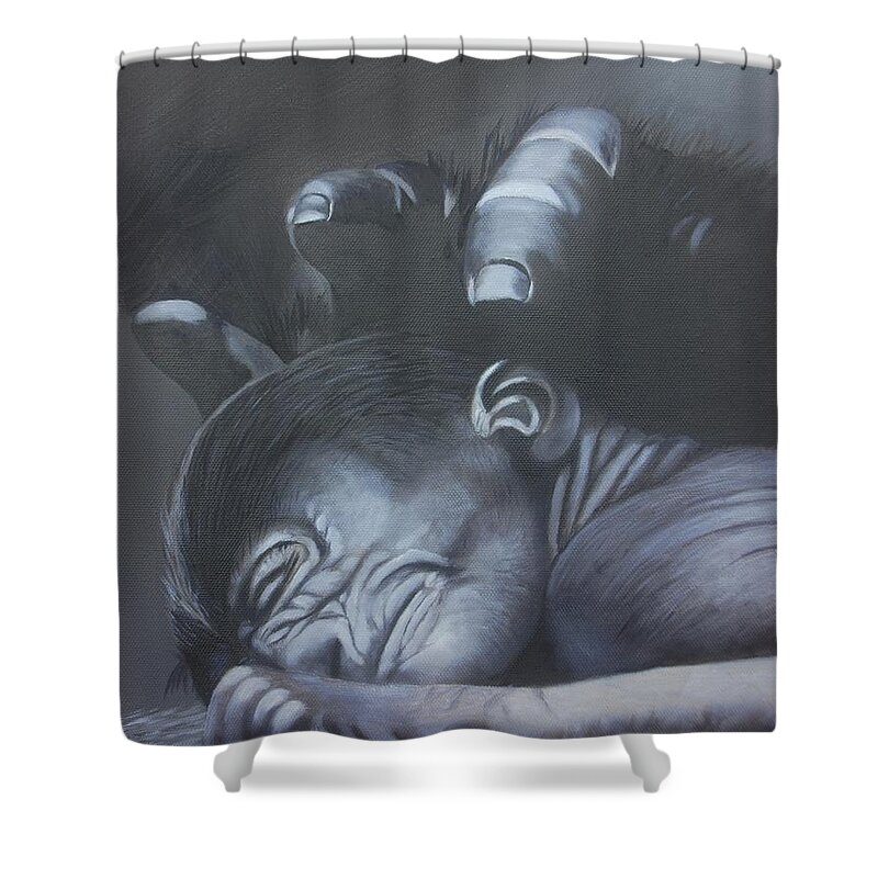 Gorila Shower Curtain featuring the painting Gentle caress by Jean Yves Crispo