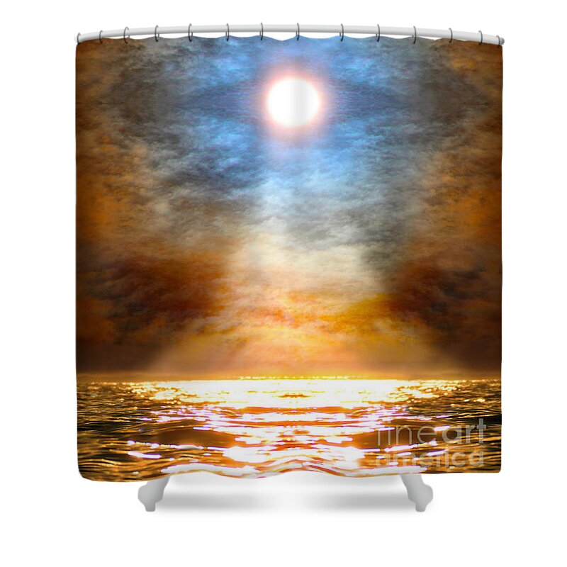 Sacred Art Shower Curtain featuring the painting Gentle Mantra om Light GLOWING into the Sea by Wernher Krutein