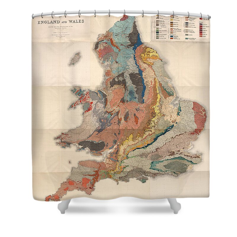 Geological Map Of England And Wales Shower Curtain featuring the drawing Geological map of England and Wales - Historical Relief Map - Antique Map - Historical Atlas by Studio Grafiikka