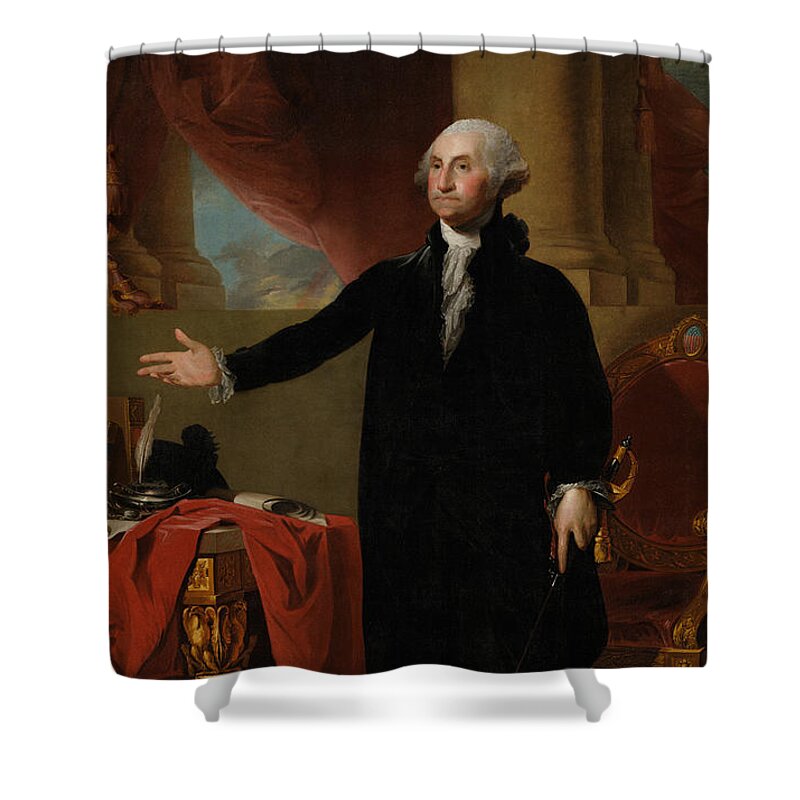 George Washington Shower Curtain featuring the painting George Washington Lansdowne Portrait by War Is Hell Store