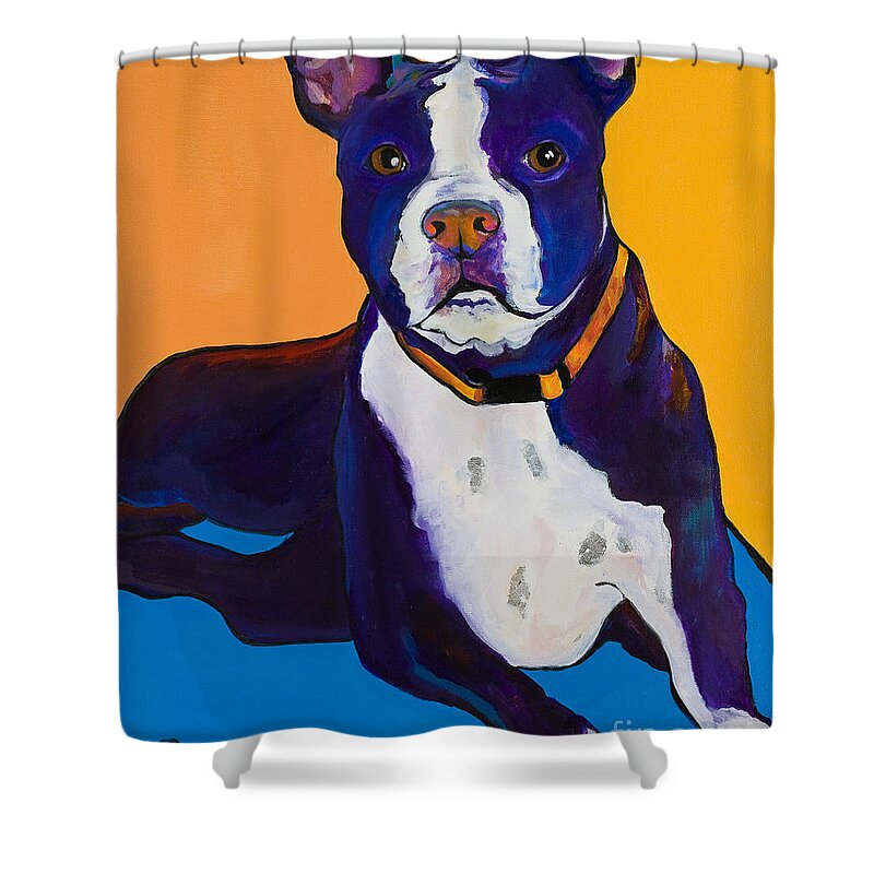 Boston Terrier Shower Curtain featuring the painting Georgie by Pat Saunders-White