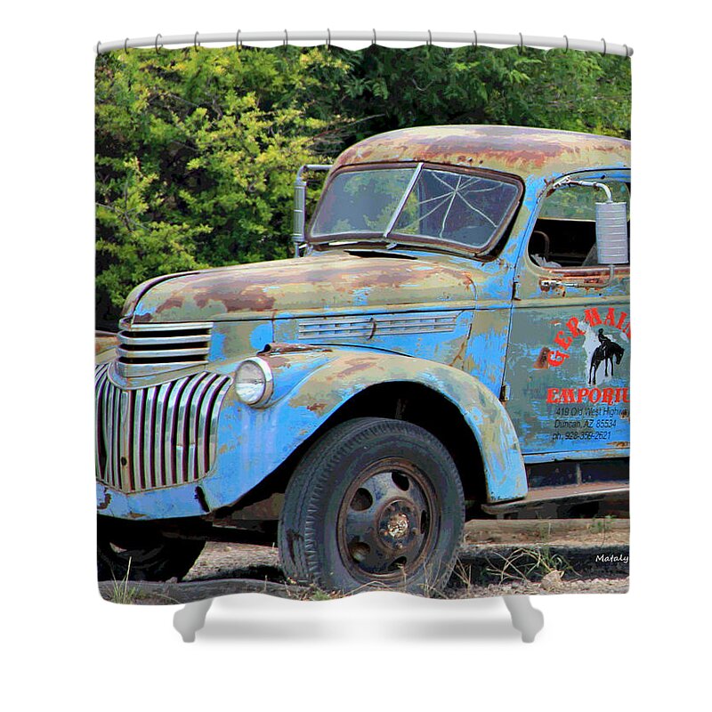  Shower Curtain featuring the photograph Geraine's Blue Truck by Matalyn Gardner