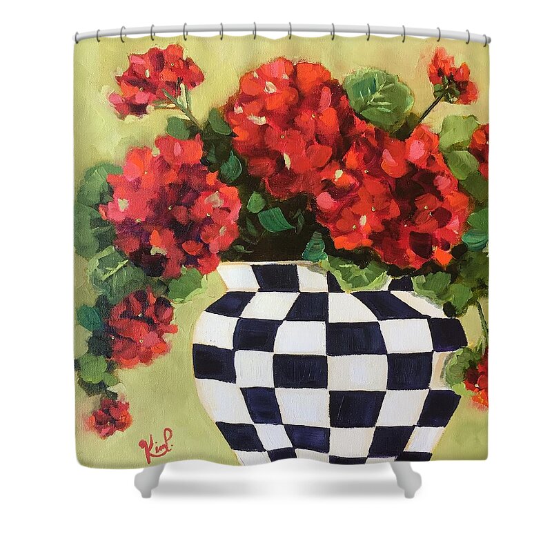 Red Geraniums Shower Curtain featuring the painting Geraniums I by Kim Peterson