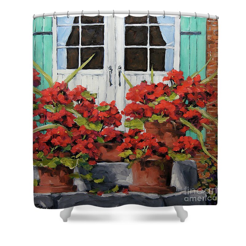 Floral Scene Shower Curtain featuring the painting Geraniums on the Porch by Richard T Pranke