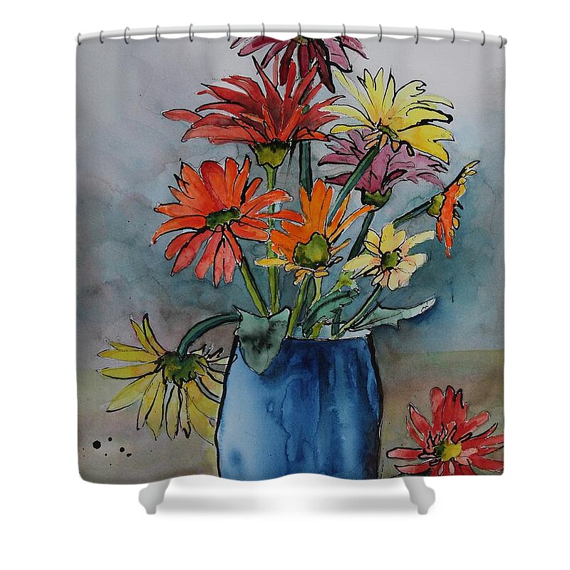 Flowers Shower Curtain featuring the painting Gerberas in a Blue Pot by Ruth Kamenev