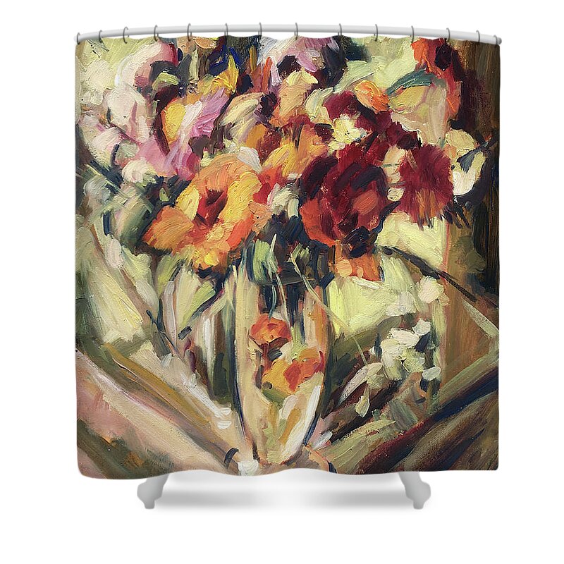 Flower Shower Curtain featuring the painting Gerberas in glass vase by Nop Briex