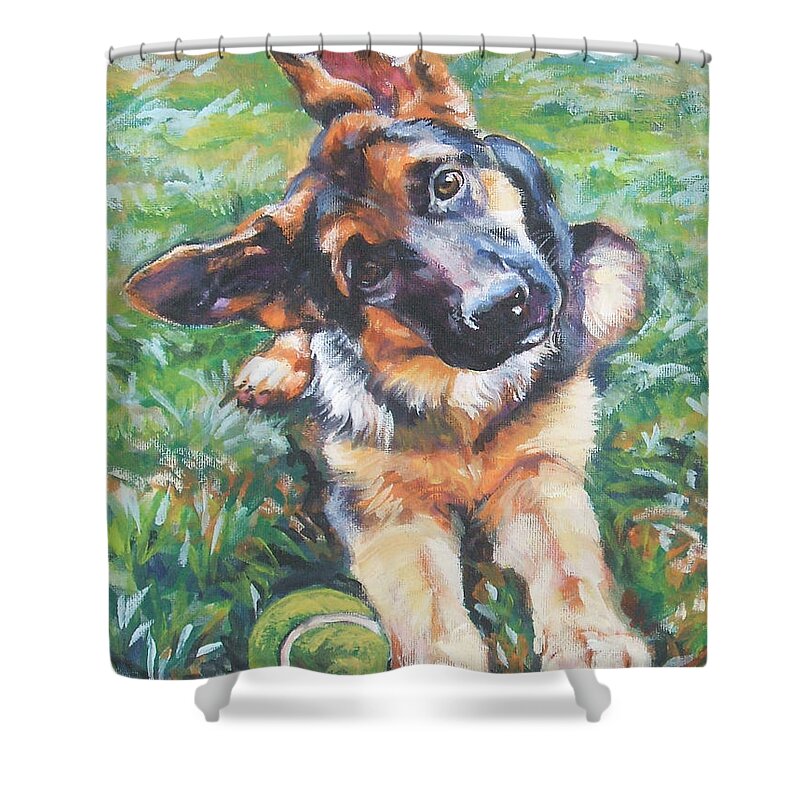 Dog Shower Curtain featuring the painting German shepherd pup with ball by Lee Ann Shepard