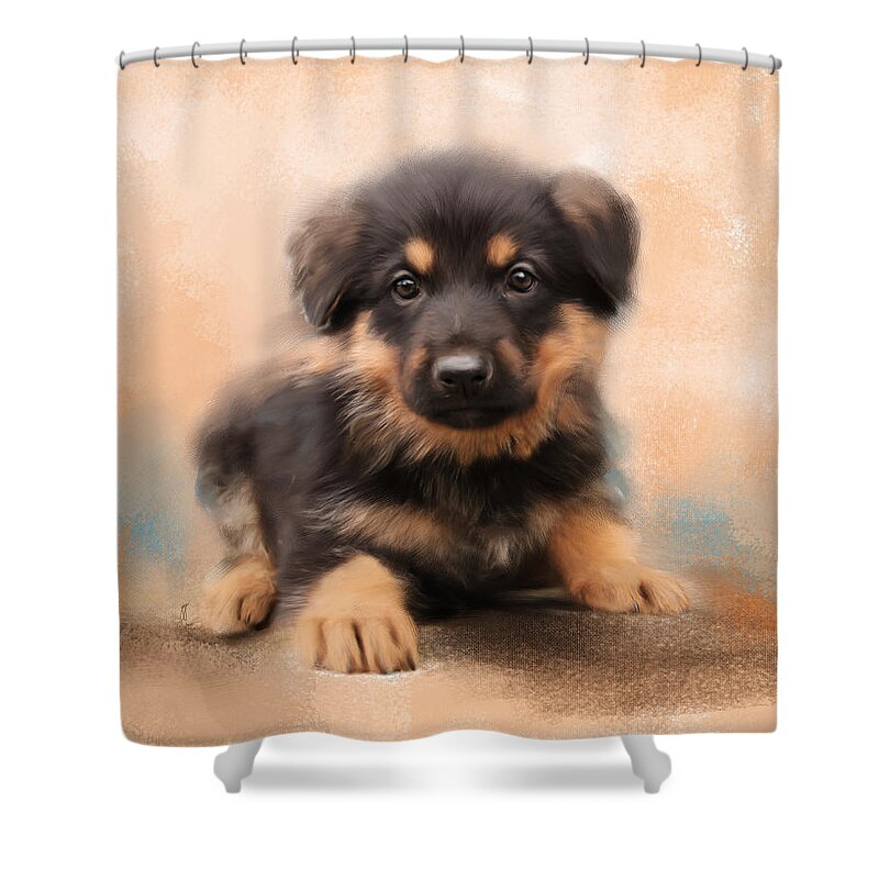 Animal Shower Curtain featuring the painting German Shepherd Puppy Portrait by Jai Johnson