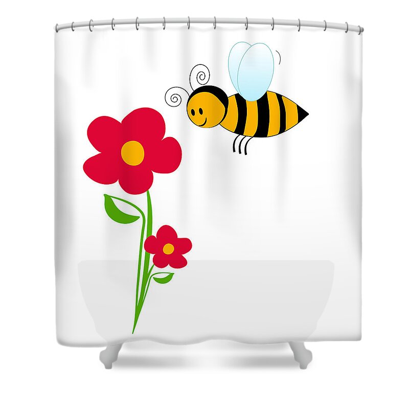 Bumble Bee & Flower Vector Art Shower Curtain featuring the drawing Giant Bumble Bee And Red Flowers by Serena King