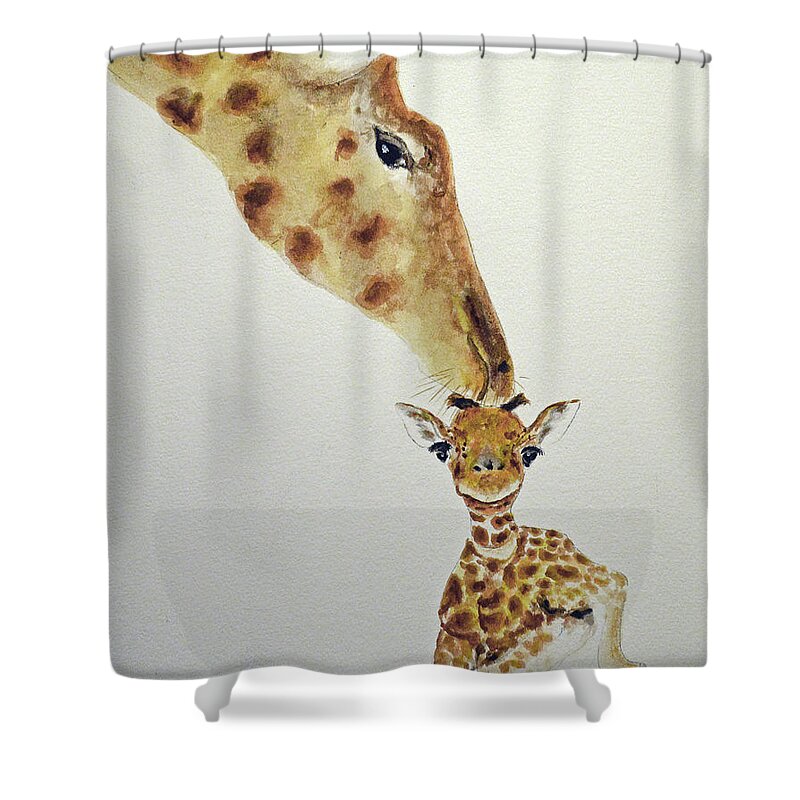Lion Shower Curtain featuring the painting Giraffe And Baby by Ken Figurski