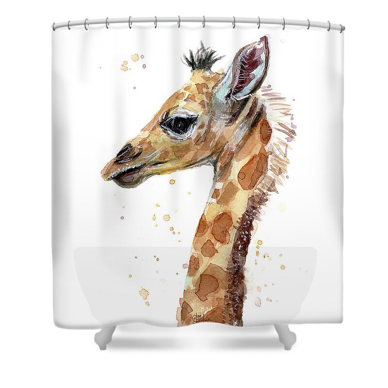 Giraffe Shower Curtain featuring the painting Giraffe Baby Watercolor by Olga Shvartsur
