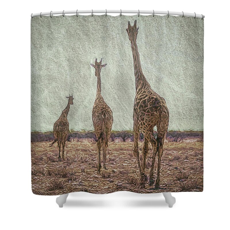 Giraffe Shower Curtain featuring the digital art Giraffes in Namibia by Ernest Echols