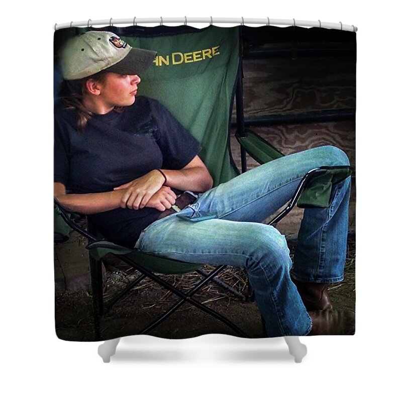 2017 Shower Curtain featuring the photograph Girl at the Fair in the John Deere Chair by George Harth