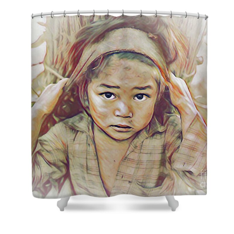 Girl Carrying Firewood Shower Curtain featuring the digital art Girl Carrying Firewood in Nepal by Wernher Krutein