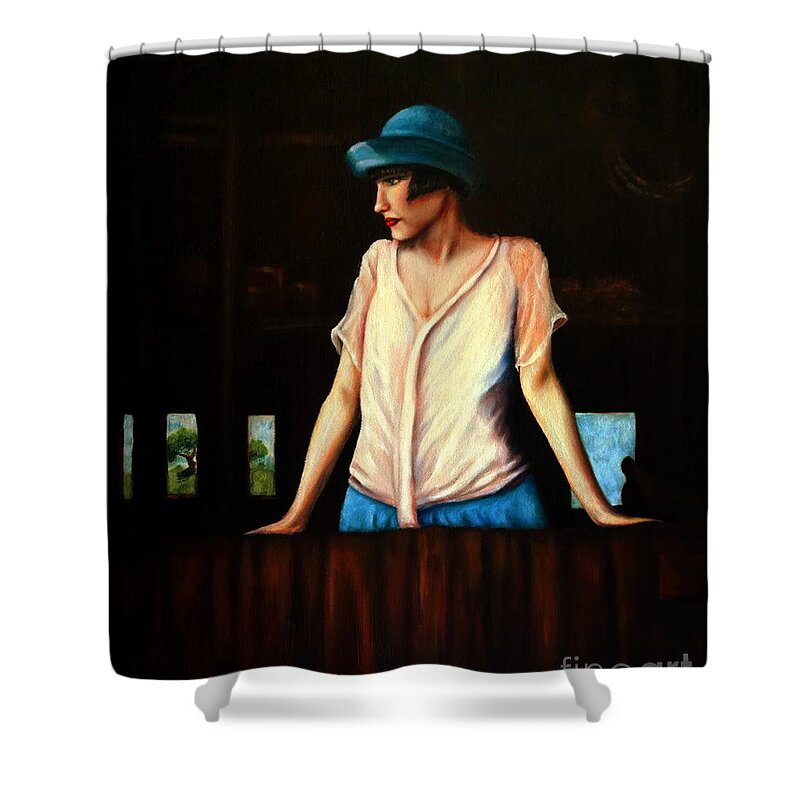 Adult Shower Curtain featuring the painting Girl In A Barn by Georgia Doyle