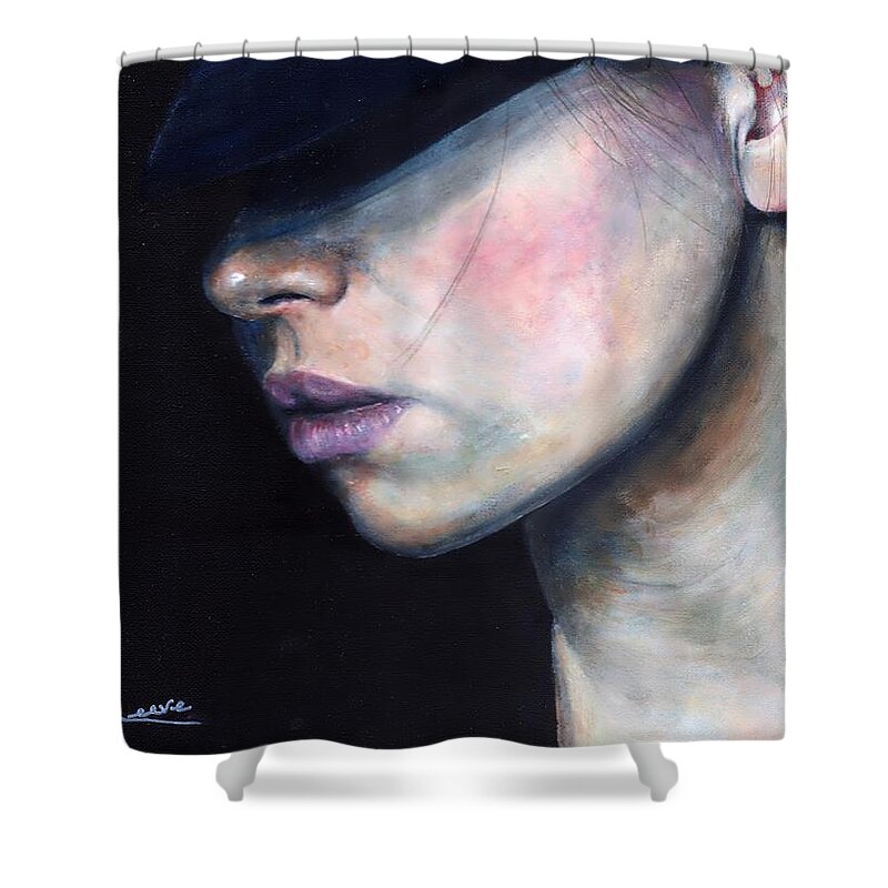 Woman Shower Curtain featuring the painting Girl in Black Hat by John Neeve