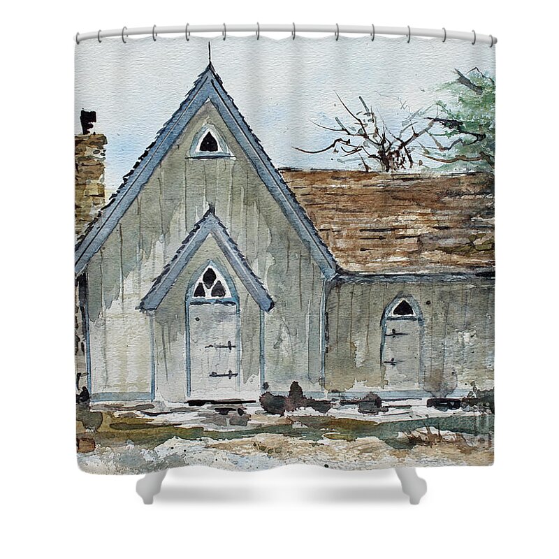 A Small Building In Independence Shower Curtain featuring the painting Girl Scout Little House by Monte Toon