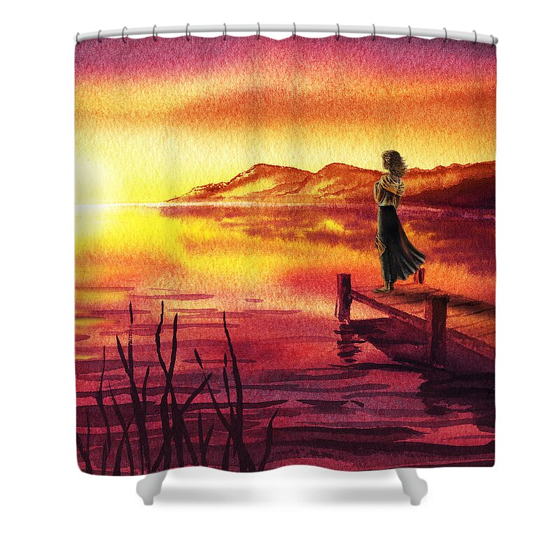 Girl Watching Sunset At The Lake Shower Curtain featuring the painting Girl Watching Sunset At The Lake by Irina Sztukowski