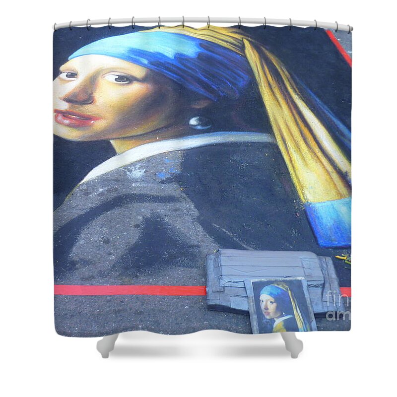 Old Shower Curtain featuring the photograph Girl with A Pearl Earring - Chalk artwork by Lingfai Leung