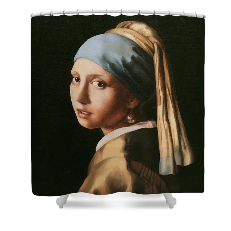 Old Masters Shower Curtain featuring the painting Girl with a Pearl Earring - After Vermeer by Yvonne Wright