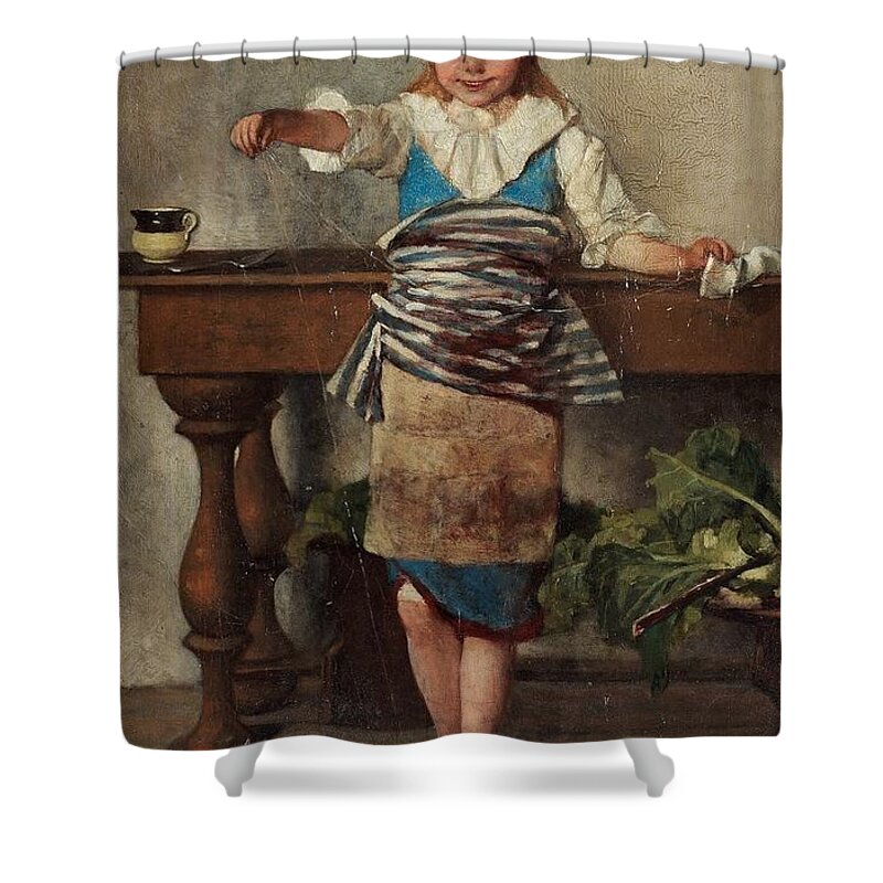 Emma Ekwall Shower Curtain featuring the painting Girl With Kitten by Celestial Images