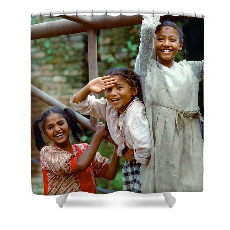 Girls Having Fun Shower Curtain featuring the photograph Girls Smiling in Kathmandu, Nepal by Wernher Krutein