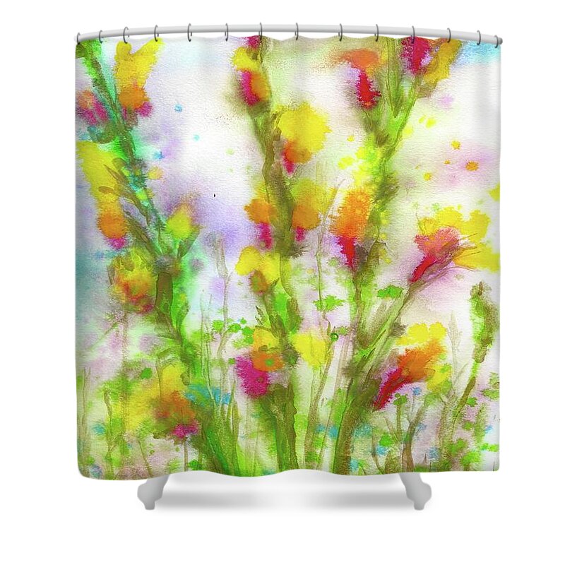Happy Vertical Shapes And Colors Make These Expressive Flowers Bloom In The Eyes Of The Beholder. Shower Curtain featuring the painting Glads by Francelle Theriot