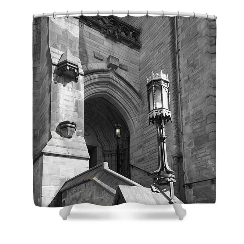 Lamppost Shower Curtain featuring the photograph Glasgow University. Lamppost at entrance. by Elena Perelman