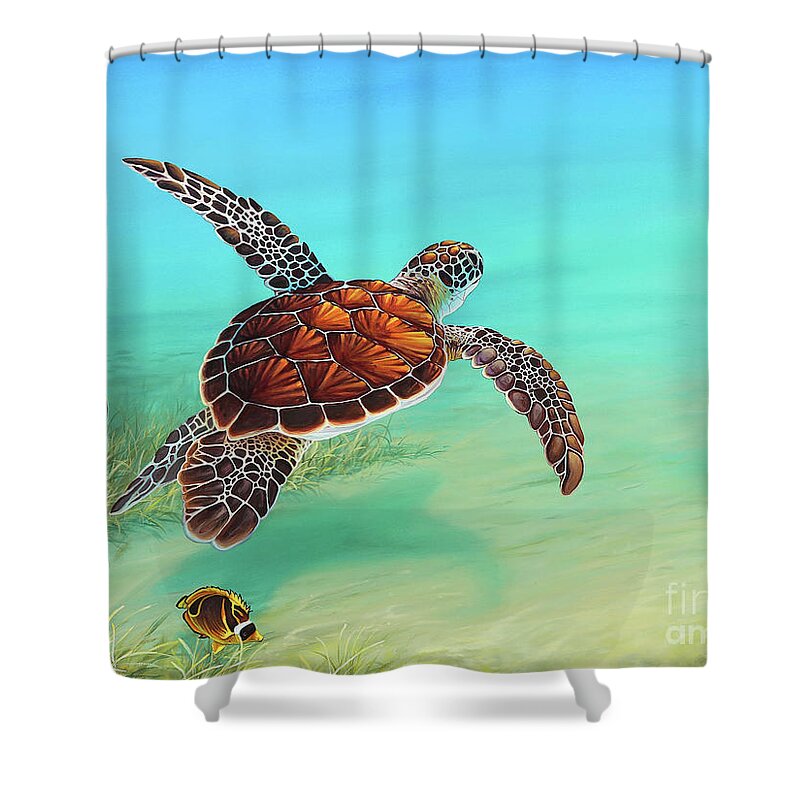 Sea Turtle Shower Curtain featuring the painting Gliding Through the Sea by Joe Mandrick